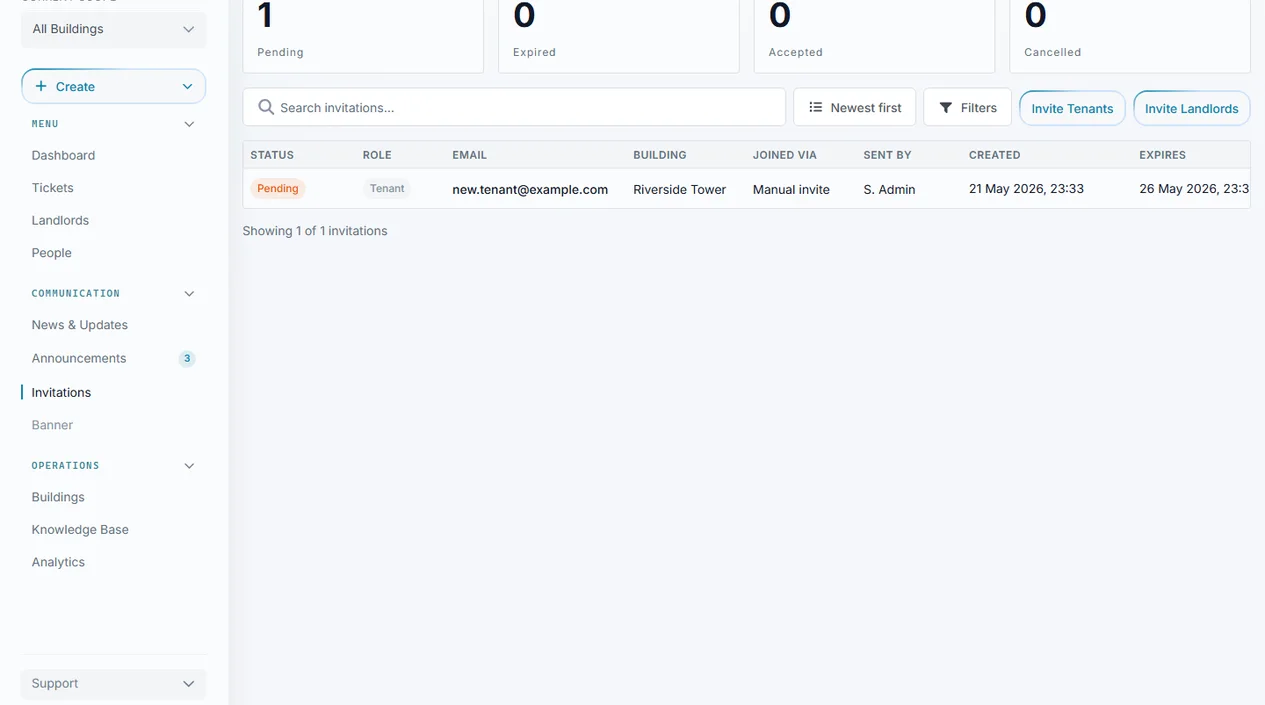 Sicket Invitations page for adding tenants and reviewing building-scoped invitations