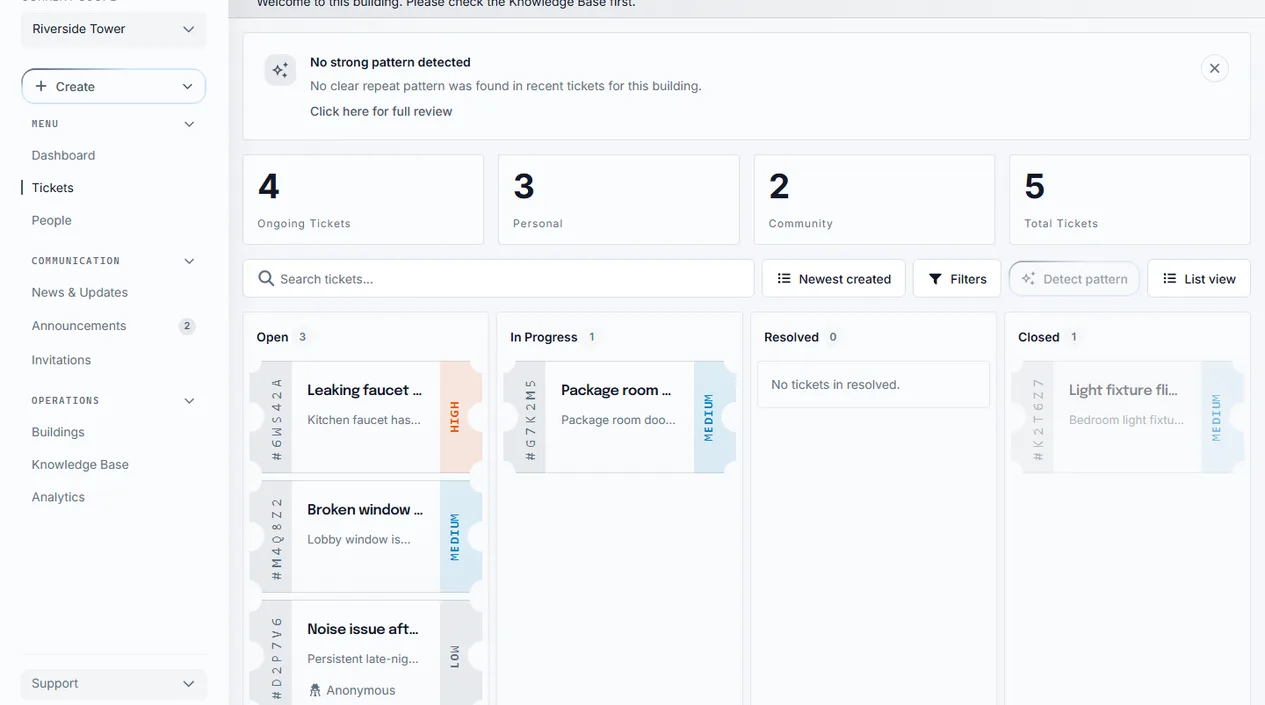 Sicket landlord ticket overview for an assigned building with ticket controls and building-scoped navigation
