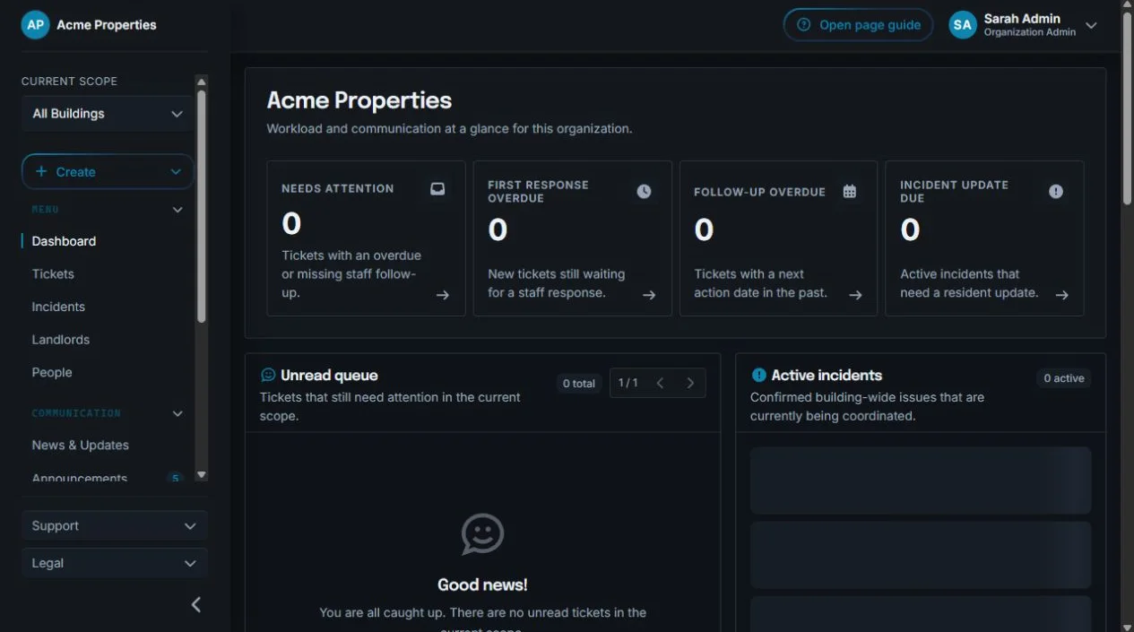 Sicket dashboard with building-scoped tickets and operational information