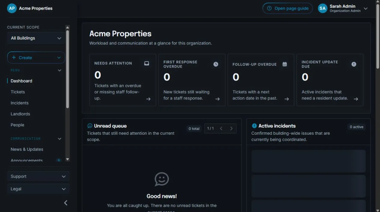 Sicket dashboard with building-scoped tickets and operational information
