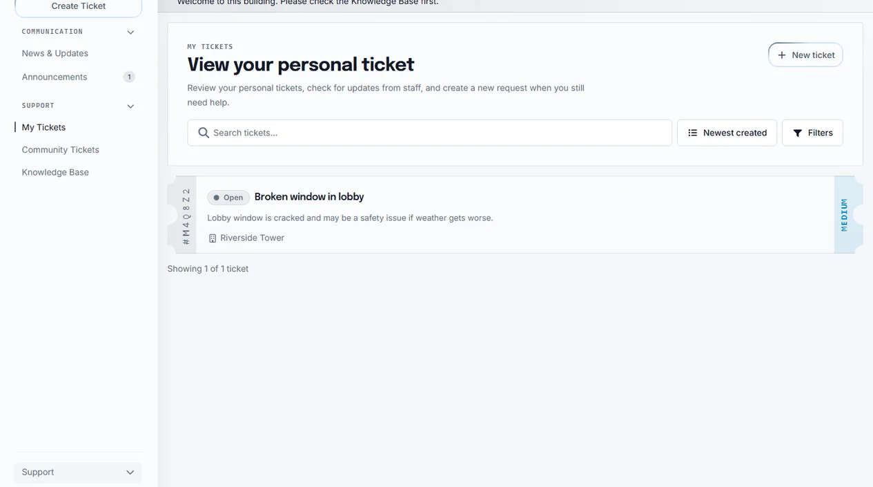 Sicket tenant ticket overview showing personal and community tickets, statuses, and building navigation