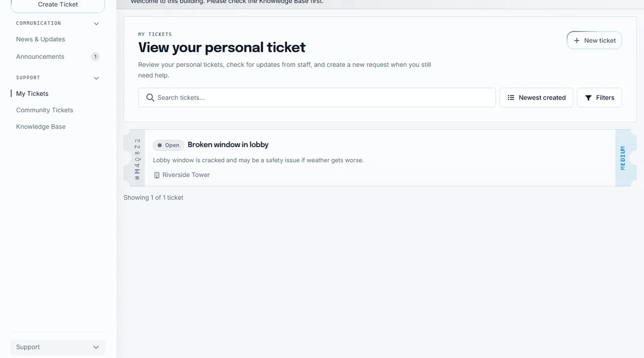 Sicket tenant ticket overview showing personal and community tickets, statuses, and building navigation
